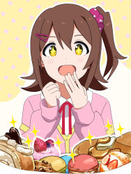 1girl birthday blush brown_hair butter cake chocolate_chip_cookie clenched_hand collared_shirt commentary_request cookie covering_own_mouth cream_puff dessert dot_nose food fruit hair_ornament hair_scrunchie hairclip hand_over_own_mouth hands_up high_ponytail highres hungry idolmaster idolmaster_million_live! jacket kasuga_mirai long_sleeves macaron maple_syrup neck_ribbon open_mouth pancake pink_jacket pink_scrunchie red_ribbon ribbon scrunchie shirt side_ponytail sidelocks smile solo sparkle sparkling_eyes straight-on straight_hair strawberry swiss_roll syrup tongue trinitro_t undershirt white_shirt white_undershirt yellow_eyes
