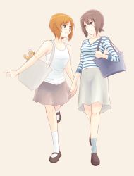 Rule 34 | 10s, 2girls, bag, blue shirt, blue skirt, blush, brown eyes, brown hair, girls und panzer, grey legwear, handbag, highres, holding, holding hands, loafers, long sleeves, looking at another, mary janes, multiple girls, nishizumi maho, nishizumi miho, open mouth, pink background, shirt, shoes, short hair, siblings, simple background, sisters, skirt, smile, socks, striped clothes, striped shirt, takahashi mugi, tank top, white legwear, white shirt, white skirt, yuri