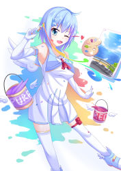 Rule 34 | 1girl, absurdres, blue eyes, blue hair, canvas (object), elbow gloves, gloves, highres, matching hair/eyes, nugi (armenci), one eye closed, original, paint can, paint splatter, short hair, solo, thighhighs