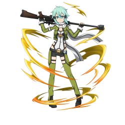 Rule 34 | 1girl, anti-materiel rifle, black footwear, black gloves, black shorts, blue eyes, blue hair, bolt action, breasts, cleavage, closed mouth, contrapposto, fingerless gloves, frown, full body, gloves, green jacket, green legwear, gun, hair between eyes, hair ornament, hairclip, highleg, highleg leotard, highres, holding, holding gun, holding weapon, jacket, leotard, long sleeves, looking at viewer, medium breasts, official art, open clothes, open jacket, pgm hecate ii, short hair, short shorts, shorts, sinon, solo, standing, sword art online, sword art online: memory defrag, thigh strap, transparent background, v-shaped eyebrows, weapon, white leotard