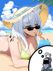 Rule 34 | 1girl, 1other, animal ears, arknights, bare shoulders, beach, bikini, blue sky, blunt bangs, blush, breasts, bright pupils, cat ears, cat girl, cat tail, chibi, cleavage, cup, day, doctor (arknights), drink, drinking glass, drinking straw, green bikini, green eyes, grey hair, hat, highres, kal&#039;tsit (arknights), large breasts, long hair, looking at viewer, lying, mask, material growth, on stomach, oripathy lesion (arknights), outdoors, sky, straw hat, sunglasses, swimsuit, tail, thought bubble, tofudofu, yellow headwear