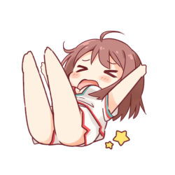 Rule 34 | &gt; &lt;, 1girl, blush, breasts, brown hair, chibi, cleavage, closed eyes, girlfriend (kari), large breasts, lying, on back, open mouth, outstretched arms, ringo (nanaprin), shiina kokomi, short hair, solo, spread arms, star (symbol)