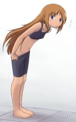 Rule 34 | 1girl, barefoot, bike shorts, bike shorts pull, brown hair, character request, clothes pull, copyright request, feet, female focus, leaning forward, long hair, navel, panties, panty peek, shorts, shorts pull, solo, sports bra, standing, toes, underwear, undressing, warpjizou4