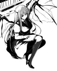 Rule 34 | 1girl, book, breasts, closed mouth, collared shirt, demon wings, full body, greyscale, hair between eyes, head wings, high heels, juliet sleeves, koakuma, large breasts, lefthand, long hair, long sleeves, looking at viewer, monochrome, necktie, pantyhose, puffy sleeves, shelf, shirt, sidelocks, simple background, smile, solo, touhou, very long hair, white background, wings