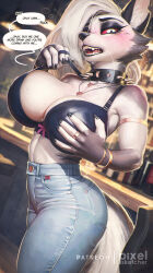 Rule 34 | 1girl, animal ears, artist name, bar (place), black bra, black choker, blue pants, blurry, blurry background, bra, bracelet, breasts, choker, cleavage, colored sclera, denim, depth of field, english text, furry, furry female, helluva boss, highres, huge breasts, indoors, jeans, jewelry, looking at viewer, loona (helluva boss), necklace, open mouth, pants, patreon username, pixelsketcher, red sclera, solo, speech bubble, spiked choker, spikes, tail, teeth, underwear, watermark, white eyes, white hair, wolf girl