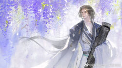 Rule 34 | 1boy, blue cape, brown hair, cangcang shi yi zhi jian lian cang hu, cape, chinese clothes, closed mouth, code: kite, cow, earrings, falling petals, flower, guqin, hanfu, highres, holding, holding instrument, instrument, jewelry, lips, long hair, long sleeves, looking to the side, low-tied sidelocks, low ponytail, male focus, parted bangs, parted lips, petals, purple eyes, purple flower, robe, sash, sleeves past fingers, sleeves past wrists, solo, standing, tassel, white robe, wide sleeves, wisteria, zhou yu (code: kite)