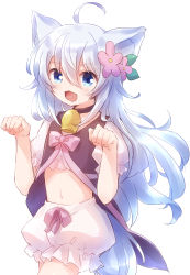 Rule 34 | 1girl, :3, :d, absurdres, ahoge, animal ears, bell, bloomers, blue eyes, cheat kusushi no slow life, dog ears, dog girl, fang, flower, hair flower, hair ornament, highres, long hair, midriff, neck bell, noela (cheat kusushi no slow life), nyaa (nnekoron), open mouth, paw pose, puffy short sleeves, puffy sleeves, short sleeves, smile, solo, tail, underwear, white background, white hair, wolf ears, wolf girl