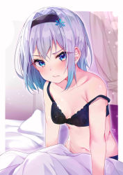 Rule 34 | 1girl, bare arms, bare shoulders, black bra, black hairband, black panties, blanket, blue eyes, blush, bra, breasts, closed mouth, collarbone, commentary request, curtains, eyes visible through hair, hair ornament, hairband, highres, looking at viewer, medium hair, navel, on bed, panties, pillow, rouka (akatyann), ryuuou no oshigoto!, silver hair, sitting, small breasts, snowflake hair ornament, solo, sora ginko, stomach, strap slip, underwear, underwear only, v-shaped eyebrows