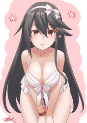 Rule 34 | 1girl, bikini, black hair, breasts, brown eyes, cleavage, commentary request, cowboy shot, frilled bikini, frills, hair ornament, hairband, hairclip, haruna (kancolle), headgear, highres, kantai collection, large breasts, leaning forward, long hair, looking at viewer, solo, standing, swimsuit, t2r, white bikini