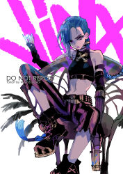 Rule 34 | 1girl, arcane: league of legends, arcane jinx, armband, artist name, asymmetrical bangs, bare shoulders, belt, black footwear, black gloves, black shirt, blue hair, boots, braid, breasts, chair, character name, crop top, crying, elbow gloves, fingerless gloves, foot out of frame, full body, gloves, gun, halter shirt, halterneck, highres, holding, holding gun, holding weapon, jinx (league of legends), league of legends, long hair, looking at viewer, medium breasts, midriff, nair (mindcreator), pants, purple eyes, purple lips, shirt, sitting, sleeveless, sleeveless shirt, solo, spread legs, striped clothes, striped pants, studded belt, tears, twin braids, twitter username, weapon, white background