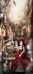 Rule 34 | &gt;:), 2girls, aircraft, alternate costume, animal, aoi kujira, arch, banner, bird, black dress, black footwear, black hair, black hat, blonde hair, bow, braid, breasts, bridge, broom, building, cable, chimney, clock, closed mouth, collared shirt, contemporary, corset, crane (animal), cropped jacket, cross-laced clothes, detached sleeves, dome, dress, folding fan, fountain, frilled dress, frills, goggles, goggles around neck, gun, hair between eyes, hair bow, hakurei reimu, hand fan, hat, hat ribbon, highres, holding, holding broom, holding fan, holding gun, holding weapon, hook, kirisame marisa, lace, lace-trimmed sleeves, lace trim, lamppost, legs apart, long dress, long hair, looking at viewer, machinery, medium breasts, multiple girls, outdoors, pantyhose, pavement, railing, red bow, red dress, red eyes, ribbon, road, roman numeral, rope, shirt, shoes, sidelocks, single braid, smile, stairs, standing, steam, steampunk, street, string, striped clothes, striped legwear, striped thighhighs, swept bangs, thighhighs, top hat, torii, touhou, trigger discipline, tube, v-shaped eyebrows, very long hair, weapon, white shirt, wide sleeves, window, yellow eyes
