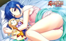 Rule 34 | 1girl, ass, bed, blue hair, breasts, camisole, character doll, choukun, copyright name, doll, hugging doll, enjutsu, fetal position, hug, koihime musou, legs, lying, hugging object, official art, on side, one eye closed, panties, pillow, saeki hokuto, short hair, solo, strap slip, thighs, underwear