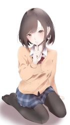 Rule 34 | 1girl, bad leg, beige sweater, black hair, black pantyhose, blue skirt, blush, bow, bowtie, braid, breasts, bright pupils, brown eyes, closed mouth, commentary request, finger to mouth, french braid, full body, hair behind ear, hand up, highres, hito komoru (style), kisaragi yaya, light smile, long sleeves, looking at viewer, medium breasts, original, pantyhose, plaid, plaid skirt, red bow, red bowtie, seiza, short hair, simple background, sitting, skirt, solo, swept bangs, white background, white pupils, wing collar