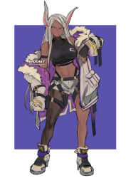 Rule 34 | 1girl, animal ears, arm strap, bare shoulders, belt, black gloves, black shirt, boku no hero academia, border, breasts, cropped shirt, dark-skinned female, dark skin, fingerless gloves, fur-trimmed jacket, fur trim, gloves, high tops, jacket, kadeart, large breasts, long eyelashes, long hair, looking at viewer, midriff, mirko, multiple straps, navel, off shoulder, parted bangs, parted lips, pouch, purple background, rabbit ears, rabbit girl, red eyes, shirt, shoes, short shorts, shorts, single leg pantyhose, sleeveless, sleeveless shirt, smile, sneakers, solo, stomach, thigh pouch, thigh strap, thighs, toned, turtleneck, white border, white footwear, white hair, white jacket, white shorts