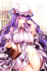 Rule 34 | 1girl, absurdres, ascot, blue bow, blunt bangs, book, bookshelf, bow, breasts, brooch, capelet, crescent, dress, hair bow, hat, highres, holding, holding book, indoors, jewelry, large breasts, long hair, looking at viewer, mob cap, one eye closed, patchouli knowledge, pink capelet, pink dress, pink eyes, pink hat, purple hair, raptor7, red ascot, red bow, simple background, sitting, solo, striped clothes, striped dress, touhou, wavy hair
