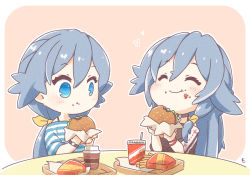 Rule 34 | 2girls, black hair, blue eyes, burger, closed eyes, closed mouth, drinking straw, eating, food, food in mouth, food on face, french fries, fu hua, fu hua (herrscher of sentience), hair between eyes, heart, highres, holding, holding food, honkai (series), honkai impact 3rd, long hair, mon momu, multiple girls, pink background, ponytail, soda, table, tray