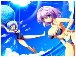 Rule 34 | 2girls, arms up, bikini, blue bikini, blue eyes, blue hair, blue sky, bow, breasts, cirno, cleavage, cloud, collarbone, day, fisheye, flat chest, flying, hair bow, highres, ice, ice wings, large breasts, lens flare, letty whiterock, looking at viewer, multiple girls, nekominase, open mouth, outdoors, purple hair, school swimsuit, side-tie bikini bottom, sky, smile, swimsuit, touhou, water, wings