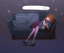 Rule 34 | 1girl, brown hair, couch, covered face, cushion, doremi, dress, hairband, idolmaster, idolmaster (classic), long hair, lying, minase iori, hugging object, on side, pillow, pillow hug, purple background, red dress, short dress, short sleeves, sleeping, slippers, smile, solo, spoken zzz, stuffed animal, stuffed rabbit, stuffed toy, thought bubble, zzz