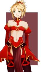 Rule 34 | 1girl, armor, arms behind back, bare shoulders, border, bra, braid, breasts, choker, detached sleeves, fate/grand order, fate (series), faulds, french braid, green eyes, hair ornament, hair scrunchie, highres, meri (aksleepsheep), mordred (fate), mordred (fate/apocrypha), navel, pelvic curtain, purple background, red bra, red scrunchie, red sleeves, scrunchie, small breasts, smile, thighhighs, underwear, white border