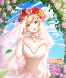 Rule 34 | 1girl, absurdres, arahe, arch, bare shoulders, blonde hair, breasts, bridal veil, bride, cleavage, detached sleeves, dress, earrings, falling leaves, field, floral arch, flower, flower field, green eyes, head wreath, highres, jewelry, leaf, looking at viewer, medium breasts, open mouth, original, petals, pink flower, pink rose, red flower, red rose, rose, short hair, smile, solo, strapless, strapless dress, swept bangs, veil, wedding dress, white dress, yellow flower