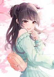Rule 34 | 1girl, backpack, bag, black hair, blunt bangs, blush, cherry blossoms, dress, falling petals, green dress, hair ribbon, highres, idolmaster, idolmaster shiny colors, loan danamo, long sleeves, looking to the side, mask, mask pull, mayuzumi fuyuko, mouth mask, off-shoulder dress, off shoulder, outdoors, petals, pleated dress, ribbon, smile, solo, two side up, white mask