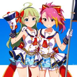 Rule 34 | 2girls, ahoge, anchor print, artist name, asymmetrical bangs, back bow, blouse, blue background, blue eyes, blue hairband, blunt bangs, bow, closed mouth, commentary request, dated, flag, gloves, grin, hair bow, hairband, hand on another&#039;s shoulder, holding, holding flag, idol, idolmaster, idolmaster million live!, large bow, letterboxed, light blush, long hair, looking at viewer, maihama ayumu, medium hair, megaphone, multicolored hair, multiple girls, neckerchief, orange hair, pink eyes, pink hair, ponytail, red bow, red neckerchief, sailor collar, senkou hanabi dan (idolmaster), shimabara elena, shirt, short shorts, shorts, side-by-side, signature, sleeveless, sleeveless shirt, smile, standing, tun, two-tone hair, white gloves, white shirt, white shorts