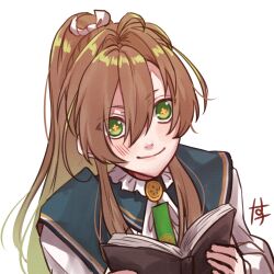 Rule 34 | 1boy, amakusa shirou tokisada (olympia soiree), androgynous, blush, book, brown hair, closed mouth, green eyes, high ponytail, highres, holding, holding book, looking at viewer, male focus, nanosuke (nanonano9), olympia soiree, open book, smile, solo