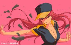 Rule 34 | 1girl, baseball cap, blurry, breasts, cleavage, commentary request, depth of field, glaring, hat, highres, kuromukuro, large breasts, liu shen mi, long hair, looking at viewer, official art, outstretched arm, parted lips, partially unzipped, pink background, pink hair, purple eyes, sidelocks, simple background, solo, upper body, very long hair