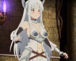 1girl arifureta_shokugyou_de_sekai_saikyou armor armpit_peek blush breasts brown_eyes cleavage clothing_cutout gloves highres large_breasts long_hair navel navel_cutout shirasaki_kaori sideboob solo stitched sweatdrop third-party_edit white_hair