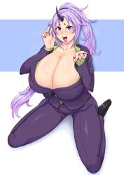 Rule 34 | 1girl, alternate breast size, arms up, belt, black footwear, black horns, blush, breasts, cleavage, fang, formal, green shirt, highres, horn, horns, huge breasts, jacket, light brown hair, long hair, looking at viewer, nail polish, niwatora, office lady, oni, oni girl, oni horn, oni horns, open mouth, pants, ponytail, purple eyes, purple hair, purple jacket, purple legwear, purple nails, purple pants, purple suit, shion (tensei shitara slime datta ken), shirt, single horn, sitting, skin fang, solo, suit, sweat, tensei shitara slime datta ken, tongue