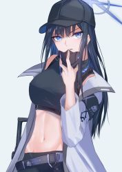 Rule 34 | 1girl, absurdres, bare shoulders, baseball cap, belt, black hat, black shirt, blue archive, blue background, blue eyes, blue hair, breasts, coat, commentary, crop top, hand up, hat, highres, large breasts, long hair, looking at viewer, mask, midriff, mouth mask, navel, nekomatamago, open clothes, open coat, parted lips, saori (blue archive), shirt, simple background, sleeveless, sleeveless shirt, solo, stomach, upper body, very long hair, white coat