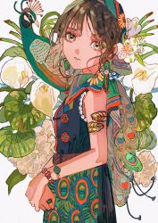 Rule 34 | 1girl, animal, animal on shoulder, armlet, belt, bird, bird on shoulder, black vest, blue skirt, bracelet, brown belt, brown eyes, brown hair, buchi (qooo003), commentary request, cowboy shot, earrings, flower, flower request, from side, gem, green skirt, head scarf, head tilt, highres, jewelry, leaf, looking at viewer, looking to the side, multicolored clothes, multicolored skirt, orange skirt, original, own hands together, parted lips, peacock, personification, ring, short hair, skirt, solo, standing, vest, white background, white flower