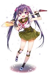 Rule 34 | 10s, 1girl, contrapposto, ebisuzawa kurumi, elbow gloves, fang, fingerless gloves, gakkou gurashi!, gloves, highres, knee pads, long hair, looking at viewer, open mouth, purple eyes, purple hair, school uniform, sheska xue, shoes, shovel, simple background, smile, solo, standing, striped clothes, striped gloves, twintails, uwabaki, v, very long hair, worktool