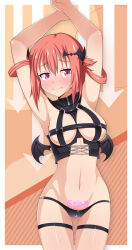 Rule 34 | 1girl, armpits, arms up, bat hair ornament, bat wings, black panties, blush, breasts, closed mouth, corset, cowboy shot, dot nose, embarrassed, eyebrows, fang, female focus, gabriel dropout, hair ornament, highres, izuthree, latex, looking at viewer, medium breasts, medium hair, nose blush, orange background, panties, red eyes, red hair, satanichia kurumizawa mcdowell, slave tattoo, solo, standing, stomach tattoo, tattoo, underwear, wavy mouth, wings