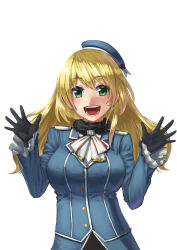 Rule 34 | 10s, 1girl, :d, absurdres, atago (kancolle), bad id, bad pixiv id, beret, black gloves, blonde hair, blush, breasts, female focus, gloves, green eyes, hat, highres, kantai collection, large breasts, layered sleeves, long hair, long sleeves, looking at viewer, michitarou, military, military uniform, open mouth, simple background, smile, solo, uniform, upper body, white background
