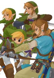 Rule 34 | 4boys, beige pants, beige shirt, black eyes, blonde hair, blue shirt, bow (weapon), brown gloves, earrings, fingerless gloves, from side, gloves, green headwear, green shirt, hat, highres, holding, holding bow (weapon), holding sword, holding weapon, hylian shield, ivy (sena0119), jewelry, link, male focus, multiple boys, multiple persona, nintendo, pointy ears, sheikah slate, shield, shield on back, shirt, short ponytail, short sleeves, smile, sword, the legend of zelda, the legend of zelda: breath of the wild, the legend of zelda: the wind waker, the legend of zelda: twilight princess, toon link, triforce print, weapon