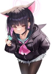 Rule 34 | 1girl, absurdres, animal ears, black choker, black hair, blue archive, blue sailor collar, choker, colored inner hair, commentary request, eating, food, halo, hand in pocket, highres, holding, holding food, hood, hooded jacket, jacket, kazusa (blue archive), leaning forward, macaron, mashilemo, miniskirt, multicolored hair, neckerchief, pantyhose, pink eyes, pink hair, pink neckerchief, pleated skirt, sailor collar, skirt, solo, two-tone hair, white skirt