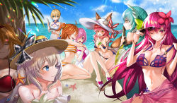 Rule 34 | 6+girls, absurdres, ahoge, angry, animal ears, artoria pendragon (fate), bad id, bad pixiv id, bare shoulders, beach, bikini, blonde hair, blue eyes, bow, breasts, cleavage, collarbone, commentary request, day, eating, fate/grand order, fate (series), food, fox ears, fox tail, fujimaru ritsuka (female), fujimaru ritsuka (female) (brilliant summer), green bow, green eyes, green hair, hair between eyes, hair ornament, hair over one eye, hair scrunchie, happy, harusame (user wawj5773), hat, hat bow, highres, holding, horns, hug, kiyohime (fate), kiyohime (swimsuit lancer) (first ascension) (fate), large breasts, long hair, looking at viewer, marie antoinette (fate), marie antoinette (swimsuit caster) (second ascension) (fate), mash kyrielight, mash kyrielight (swimsuit of perpetual summer), medium breasts, mordred (fate), mordred (fate/apocrypha), mordred (swimsuit rider) (first ascension) (fate), multiple girls, navel, official alternate costume, orange bikini, orange hair, orange scrunchie, outdoors, palm tree, pink bikini, pink hair, ponytail, purple eyes, red bikini, red eyes, red hair, red scrunchie, scathach (fate), scrunchie, see-through, shaded face, sleeping, smile, star (symbol), star hair ornament, starfish, string bikini, sun hat, swimsuit, tail, tamamo (fate), tamamo no mae (fate/extra), tamamo no mae (swimsuit lancer) (fate), tamamo no mae (swimsuit lancer) (third ascension) (fate), tree, very long hair, white bikini, white hair
