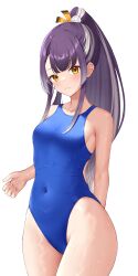 Rule 34 | 1girl, absurdres, black hair, blue one-piece swimsuit, breasts, brown eyes, commission, competition swimsuit, covered navel, cowboy shot, grey hair, highres, long hair, looking at viewer, medium breasts, multicolored hair, ncontrail (mgax7527), nijisanji, one-piece swimsuit, ponytail, skeb commission, skin tight, solo, streaked hair, swimsuit, umise yotsuha, virtual youtuber, wet, wet clothes, wet swimsuit