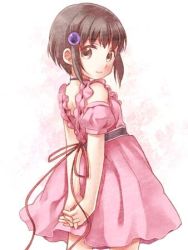 Rule 34 | 1girl, arms behind back, brown eyes, brown hair, choker, closed mouth, dress, hair ornament, looking at viewer, lowres, pink dress, reala (tales), ribbon, sensaki chihiro, short hair, simple background, smile, solo, tales of (series), tales of destiny 2, very short hair, white background