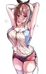 Rule 34 | 1girl, armpits, arms behind head, arms up, atelier (series), atelier ryza, atelier ryza 1, bare shoulders, blush, breasts, brown hair, cleavage, closed mouth, collarbone, cowboy shot, embarrassed, groin, hair between eyes, hair ornament, hairclip, hat, highres, large breasts, looking at viewer, midriff, midriff peek, navel, orange eyes, red shorts, reisalin stout, sak (lemondisk), shirt, short hair, short shorts, shorts, sidelocks, skindentation, solo, spaghetti strap, standing, stomach, sweat, thighhighs, vest, white hat, white shirt, white thighhighs
