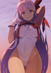 Rule 34 | 10s, 1girl, arm behind head, arm up, bare shoulders, bb (fate), bb (fate) (all), bb (swimsuit mooncancer) (fate), bb (swimsuit mooncancer) (third ascension) (fate), breasts, closed mouth, covered navel, fate/extra, fate/extra ccc, fate/grand order, fate (series), gloves, gyaru, hair ribbon, highleg, highleg leotard, highres, hip focus, large breasts, leotard, long hair, looking at viewer, neck ribbon, purple eyes, purple hair, red ribbon, ribbon, smile, solo, tan, tomioka jirou, very long hair, white gloves, white leotard