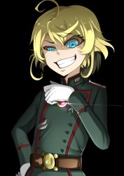 Rule 34 | 10s, 1girl, :d, absurdres, ahoge, badge, belt, belt buckle, black background, blonde hair, blue eyes, buckle, buttons, clenched teeth, colored eyelashes, constricted pupils, epaulettes, evil grin, evil smile, fang, gloves, green jacket, grin, hair between eyes, hand on own hip, hand up, highres, jacket, jewelry, k kung, long sleeves, looking at viewer, messy hair, military, military jacket, military uniform, no headwear, open mouth, shaded face, short hair, simple background, smile, solo, standing, tanya degurechaff, teeth, turtleneck, uniform, upper body, white gloves, youjo senki