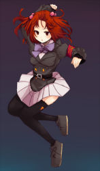 Rule 34 | 00s, 1girl, arm up, armband, female focus, frills, full body, gradient background, hair bobbles, hair ornament, jacket, jumping, red eyes, red hair, ribbon, school uniform, shoes, solo, thighhighs, twintails, two side up, umineko no naku koro ni, ushiromiya ange, zettai ryouiki