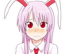 Rule 34 | 1girl, animal ears, chama (1480), commentary request, frown, long hair, looking at viewer, necktie, portrait, purple hair, rabbit ears, red eyes, red necktie, reisen udongein inaba, solo, tearing up, touhou, trembling, white background