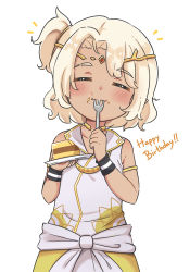 Rule 34 | 1girl, :t, bare shoulders, blonde hair, cake, cake slice, circlet, closed eyes, closed mouth, commentary, dress, eating, facing viewer, food, food on face, fork, happy birthday, highres, holding, holding fork, holding plate, maha5, one side up, parted bangs, plate, rutorifuki, simple background, sleeveless, sleeveless dress, solo, sweatband, thick eyebrows, utensil in mouth, virtual youtuber, white background, white dress, wristband, zen gunawan