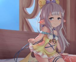 Rule 34 | 1girl, bare shoulders, bed sheet, blue eyes, blunt bangs, blush, bow, bracelet, breasts, child, closed mouth, clothing cutout, collarbone, cream cod, day, dress, frilled skirt, frills, granblue fantasy, hair bow, highres, indoors, jewelry, lilele (granblue fantasy), long hair, looking at viewer, navel, pillow, pointy ears, silver hair, skirt, sky, sleeveless, small breasts, smile, solo, stomach cutout, window