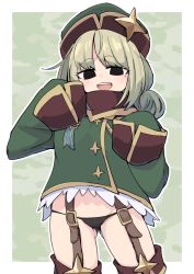 Rule 34 | 1girl, aiguillette, araga kiwi, black eyes, black panties, blonde hair, boots, camouflage background, coat, cowboy shot, double bun, empty eyes, garter straps, green coat, green hat, hair bun, hat, long sleeves, mahou shoujo ni akogarete, makuraha, medal, military coat, military hat, mole, mole under eye, no pants, open mouth, panties, sleeve cuffs, sleeves past fingers, sleeves past wrists, solo, standing, thigh boots, thighhighs, underwear