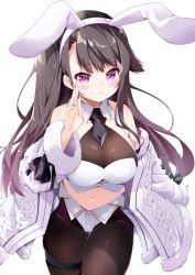 Rule 34 | 1girl, absurdres, adapted costume, animal ears, azur lane, bandeau, bare shoulders, black hair, blue nails, blush, breasts, cleavage, closed mouth, collar, commentary request, detached collar, eyebrows, fake animal ears, fang, fur-trimmed jacket, fur-trimmed sleeves, fur trim, hand on own cheek, hand on own face, head tilt, highres, jacket, large breasts, leer.meer, leotard, long hair, long sleeves, looking at viewer, nail polish, navel, necktie, off shoulder, pamiat merkuria (azur lane), pantyhose, pink eyes, playboy bunny, sidelocks, skin fang, skindentation, smile, solo, standing, thigh strap, transparent background, very long hair, white bandeau, white jacket