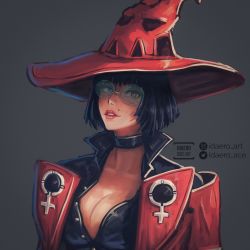 Rule 34 | 1girl, black hair, choker, green-tinted eyewear, green-tinted glasses, guilty gear, guilty gear strive, hat, highres, i-no, idaero ace, mole, mole above mouth, portrait, red headwear, red lips, short hair, sunglasses, tinted eyewear, venus symbol, very short hair, witch hat